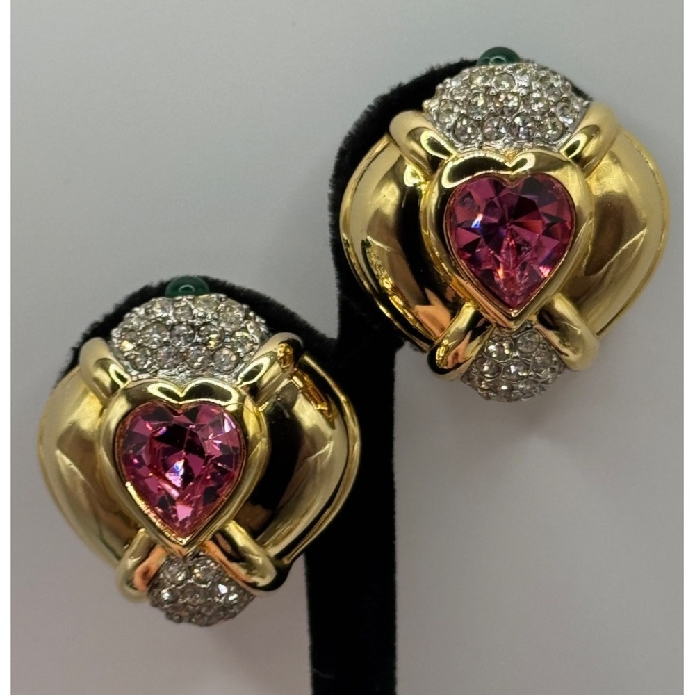 Nolan Miller Goddess of Love Pink Heart Crystal Gold Tone Clip On Earrings
